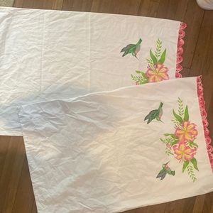Vintage Crocheted Pillowcases Hummingbirds & Flowers Pink, green.